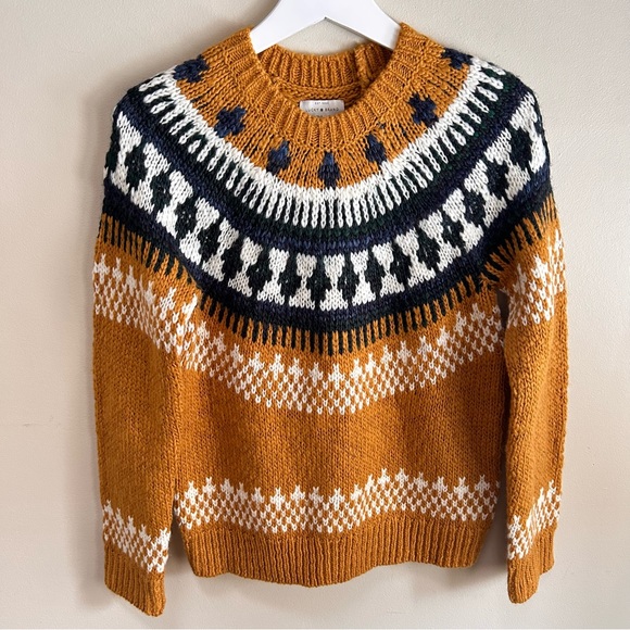 Lucky ~ Bold Fair Isle Knit Mustard  Crewneck Chunky Sweater- in size XS - Picture 1 of 16